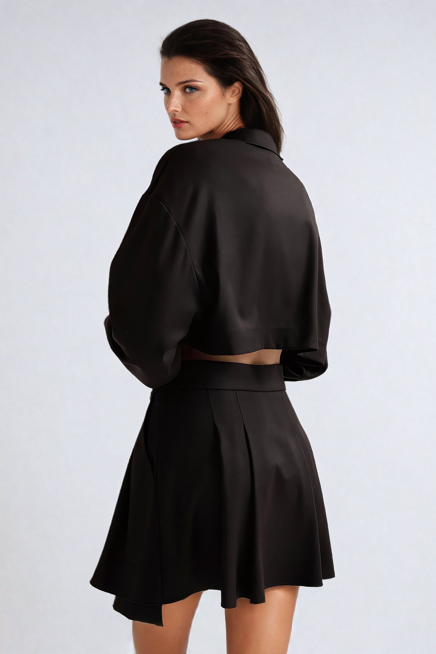 Two-Piece Set with Cropped Collared Blazer and Pleated Mini Skirt - Black