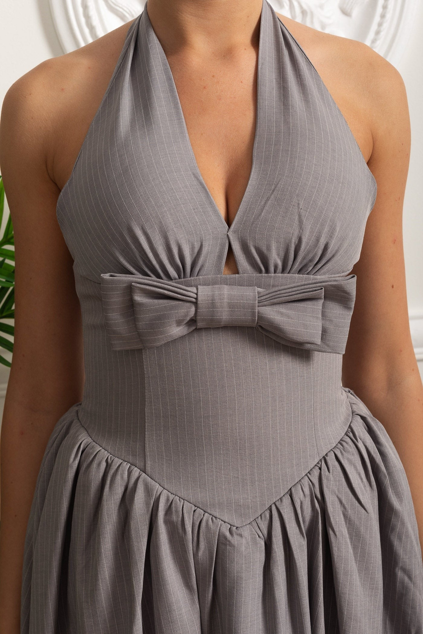 Halter Neck Midi Dress With Bow Front - Gray
