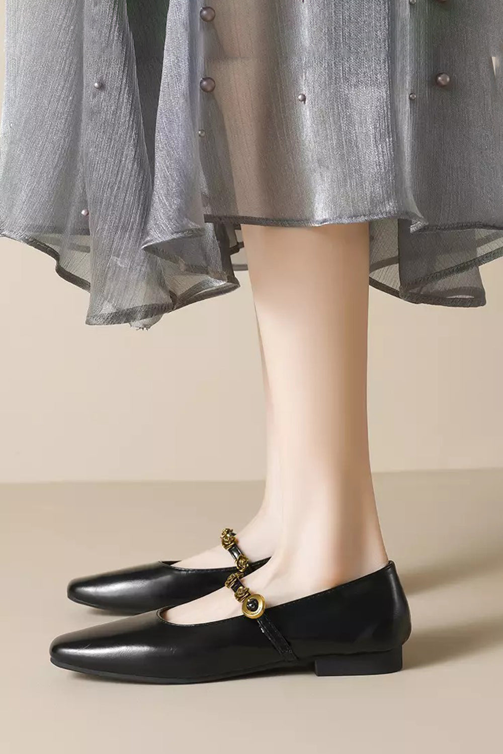 Square Toe Flats with Decorative Strap - Black