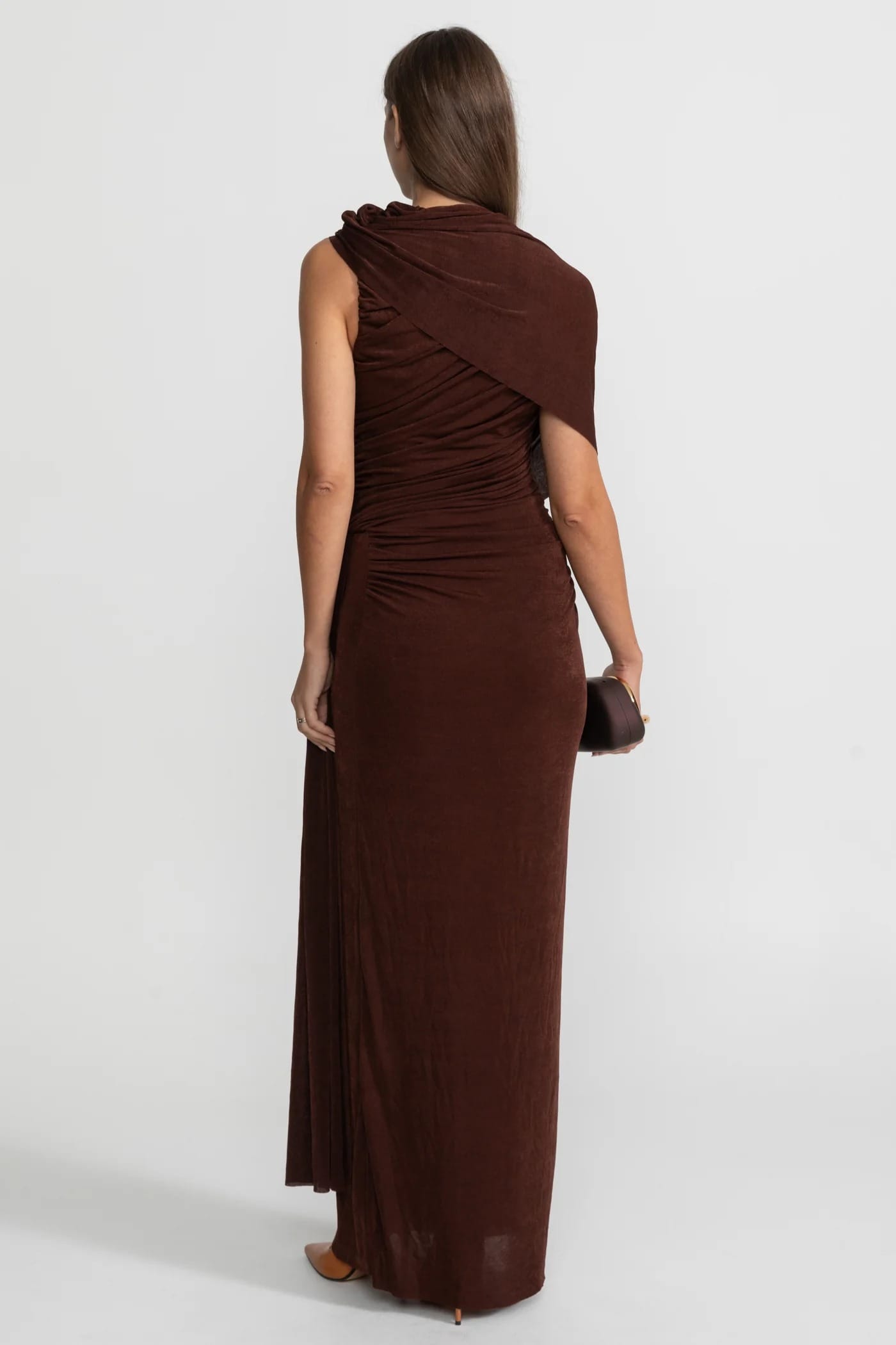 Asymmetrical Draped Maxi Dress - Brown