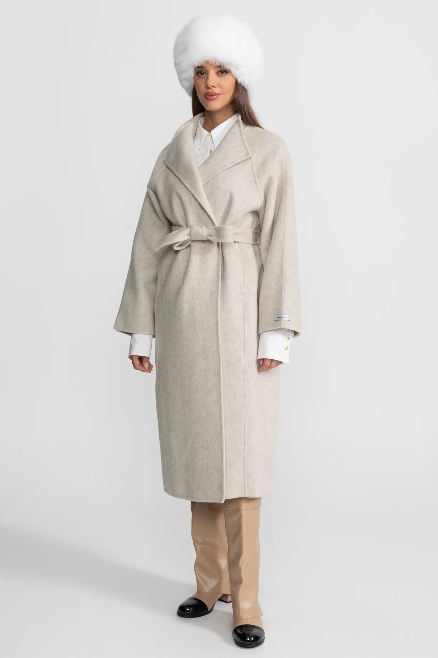 Belted Wrap Long Coat with Wide Lapels - White