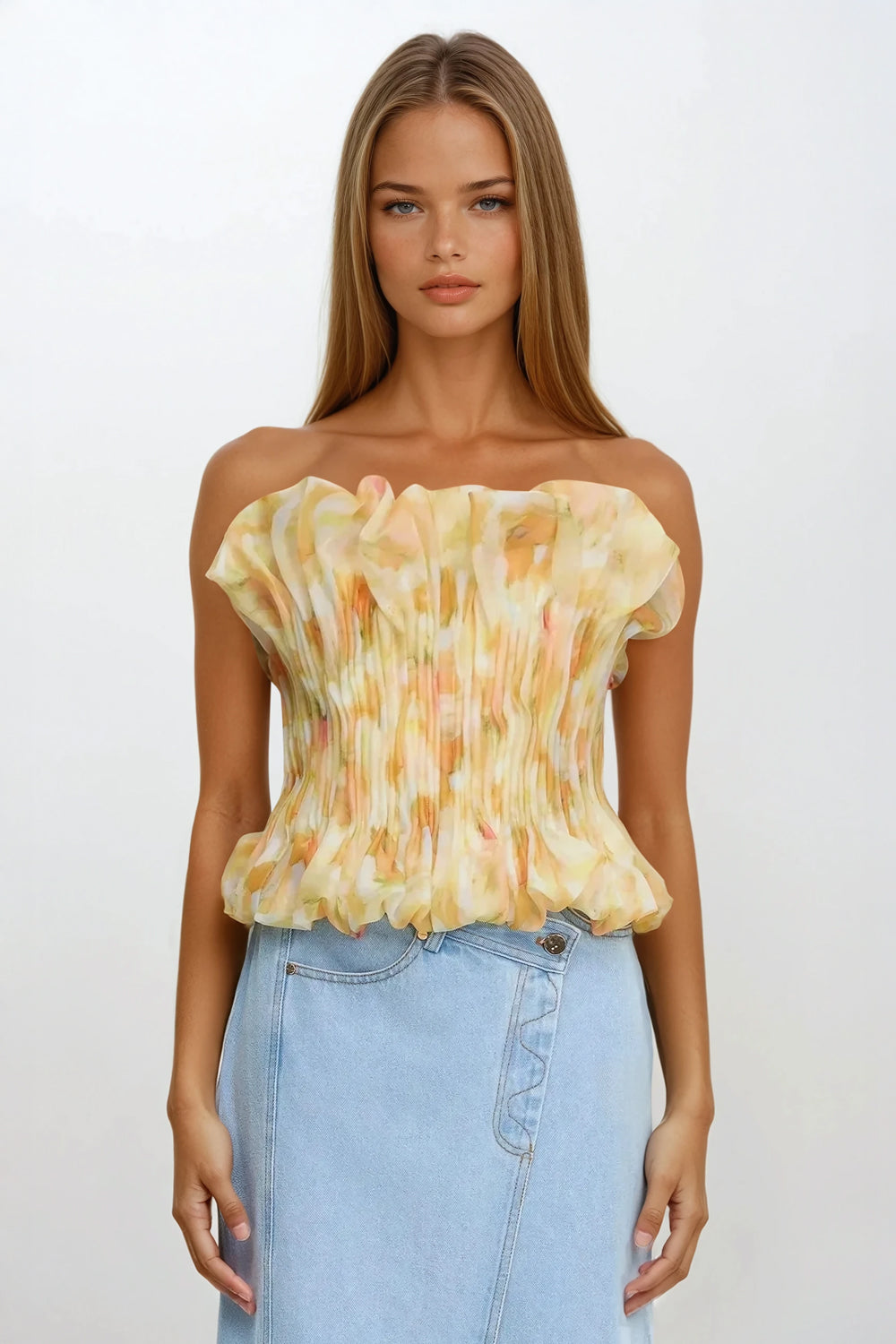 Strapless Pleated Top with Ruffled Details - Yellow