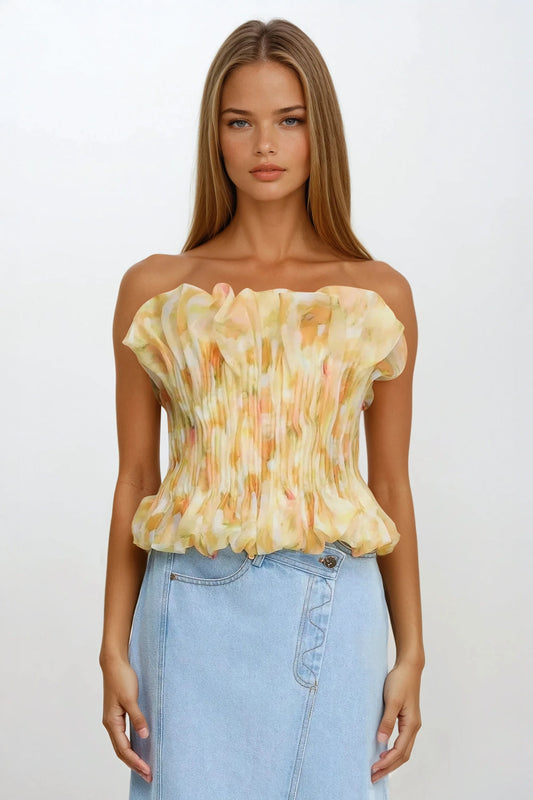 Strapless Pleated Top with Ruffled Details - Yellow