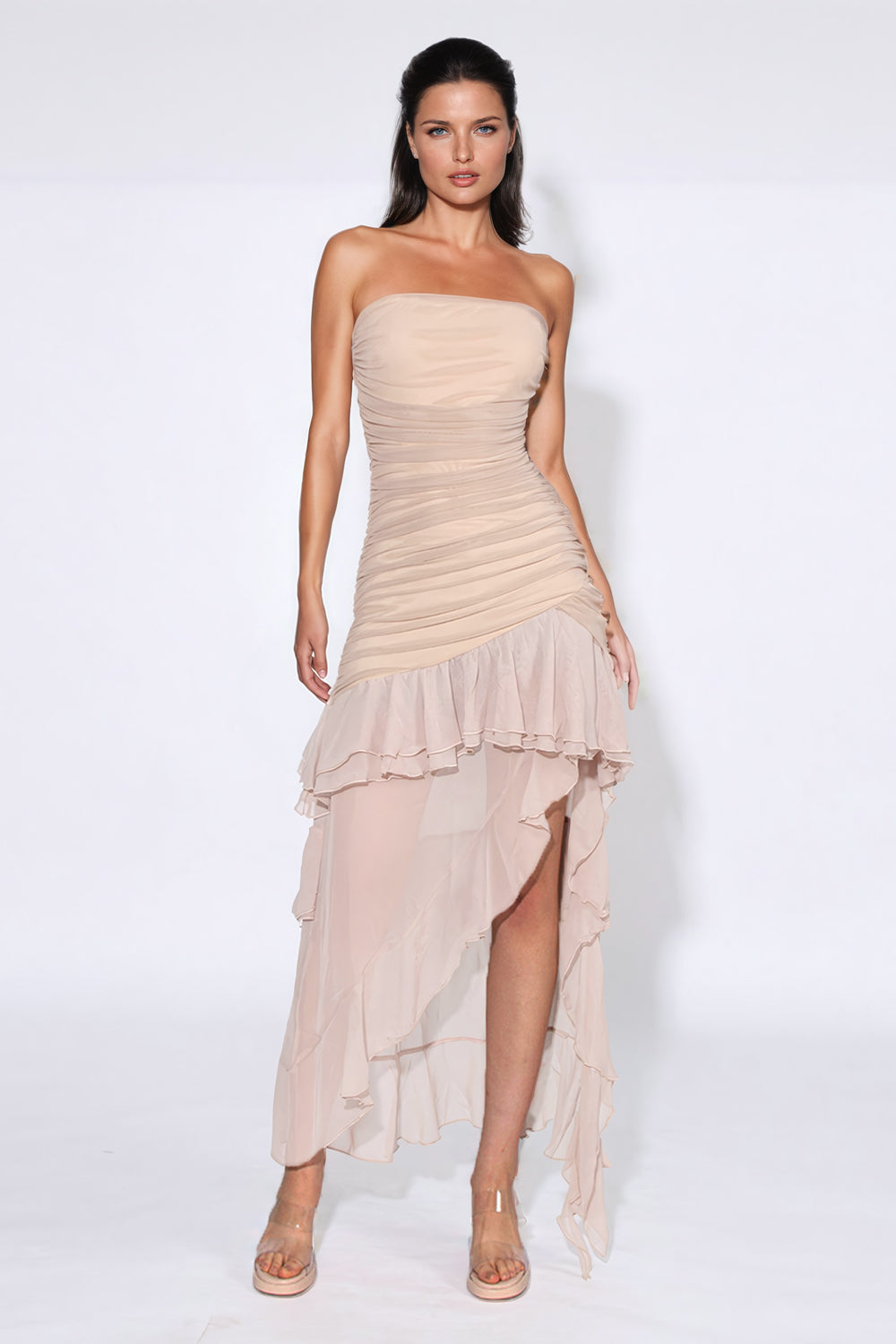 Strapless Midi Dress with Asymmetrical Ruffled Hem - Beige