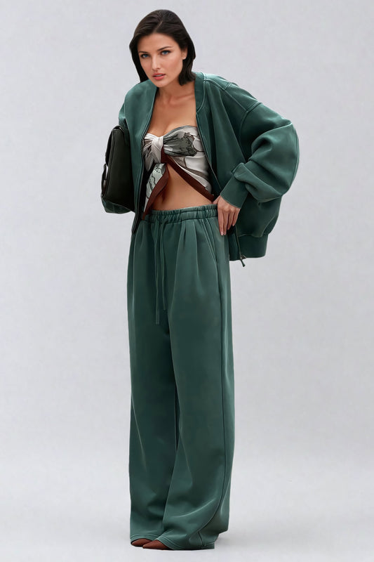 Two-Piece Set with Relaxed Bomber Jacket and Drawstring Wide-Leg Pants - Green