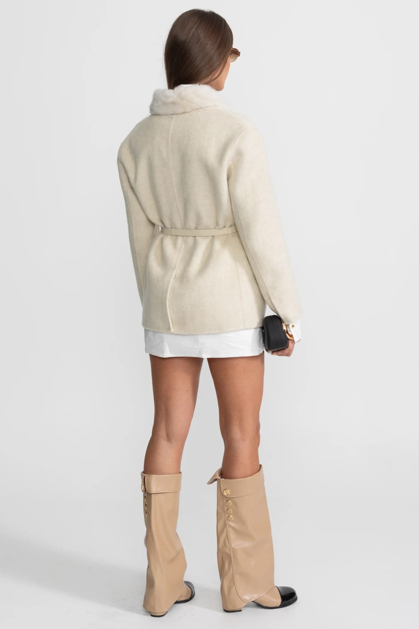 Short Coat with Fur Trim Lapel and Waist Tie - White