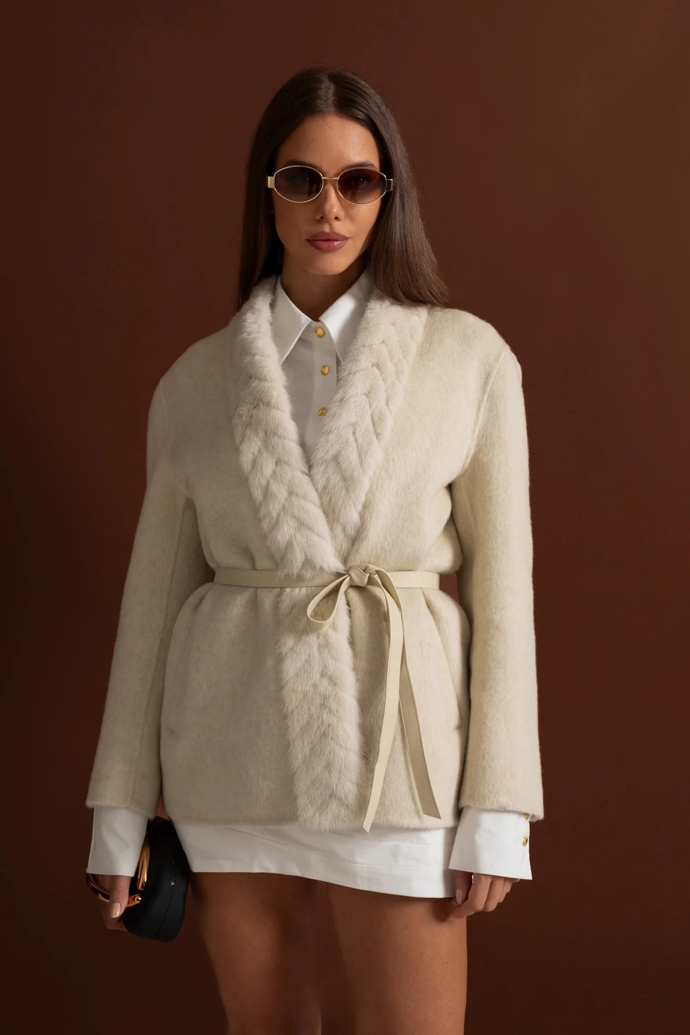 Short Coat with Fur Trim Lapel and Waist Tie - White