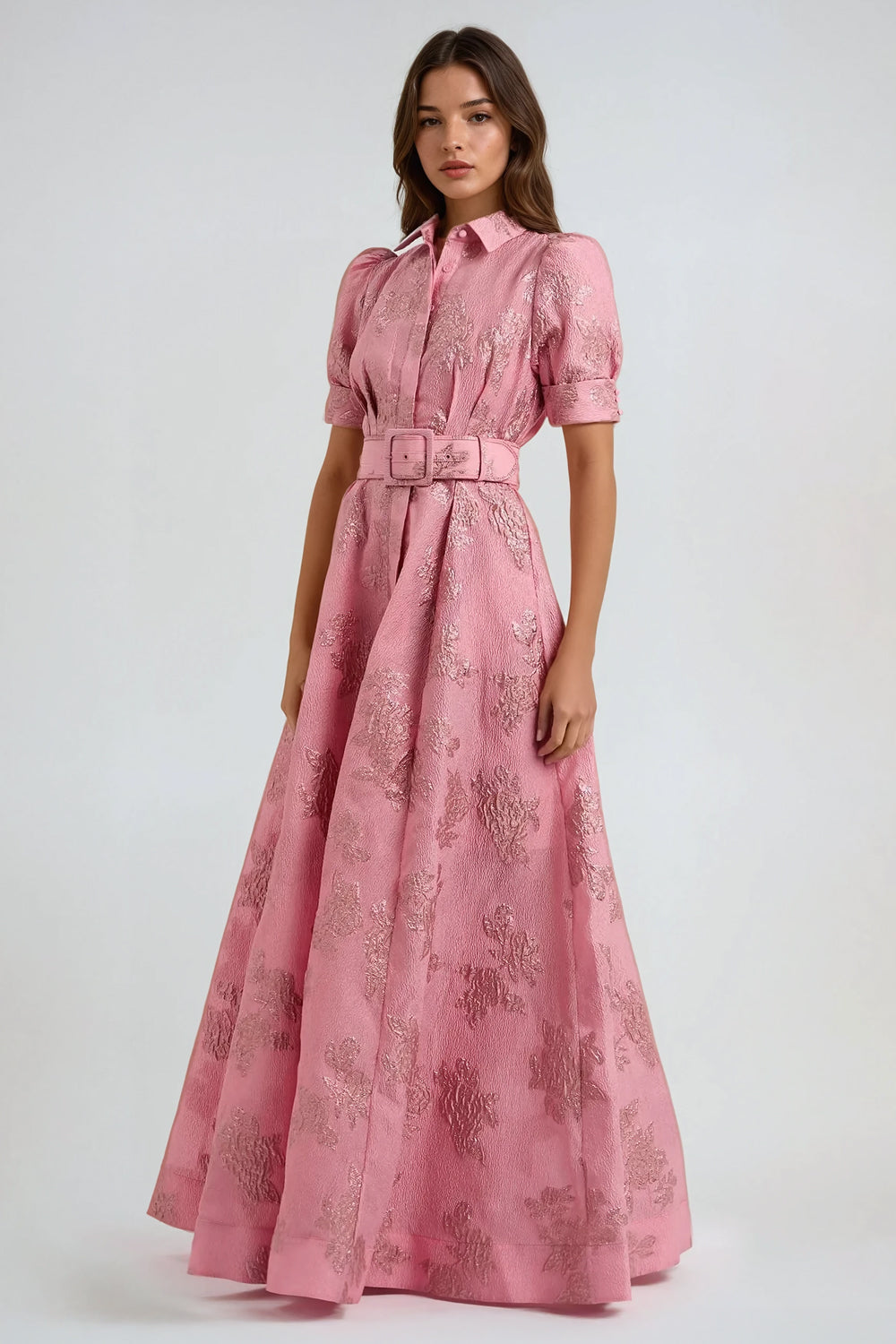 Short Puff Sleeve Belted Maxi Dress - Pink