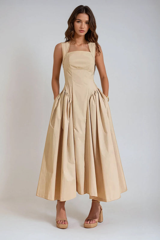 Sleeveless Ruched Maxi Dress - Brown