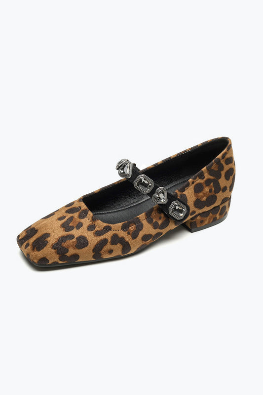 Square Toe Flats with Gem Strap Detail - Brown