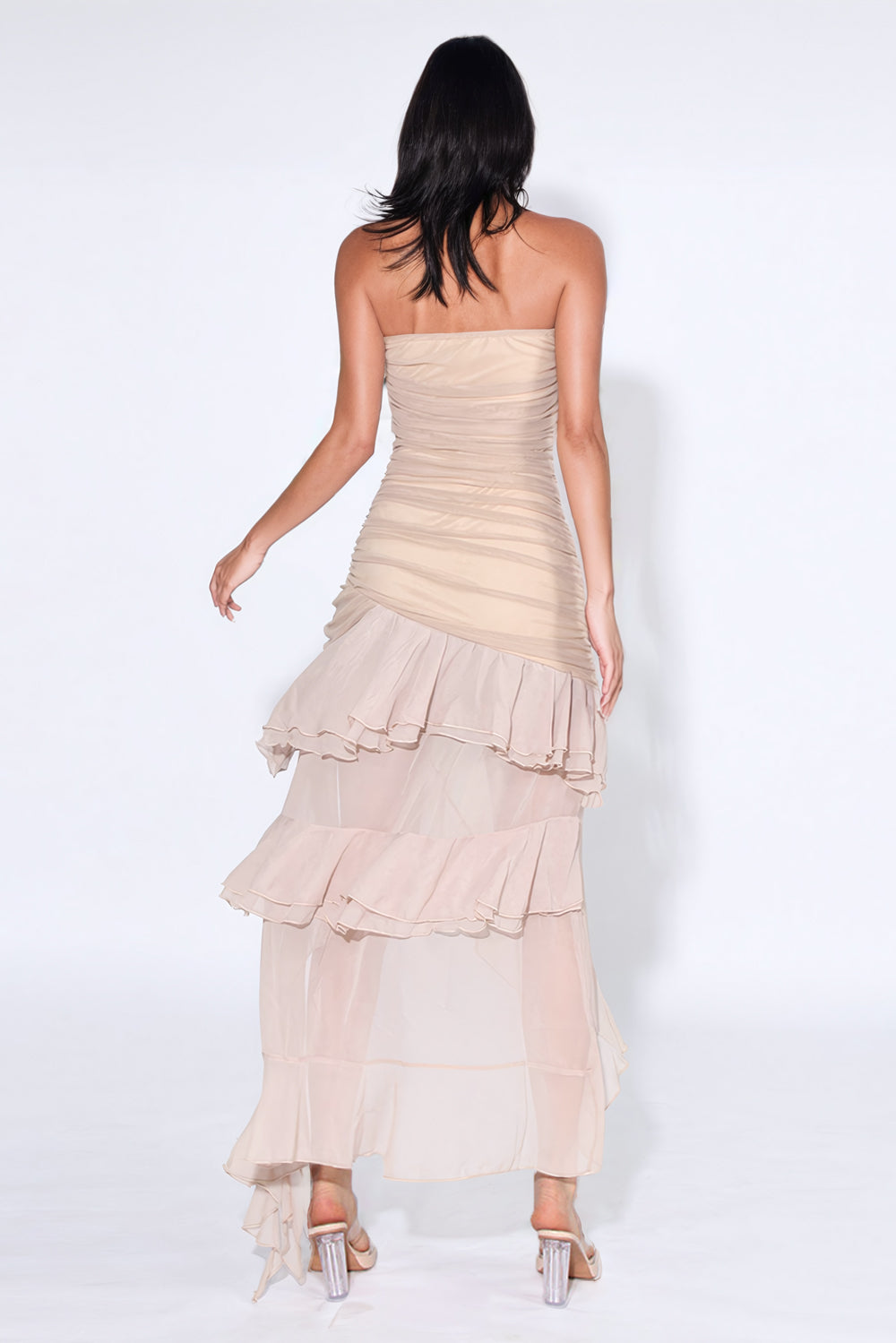 Strapless Midi Dress with Asymmetrical Ruffled Hem - Beige