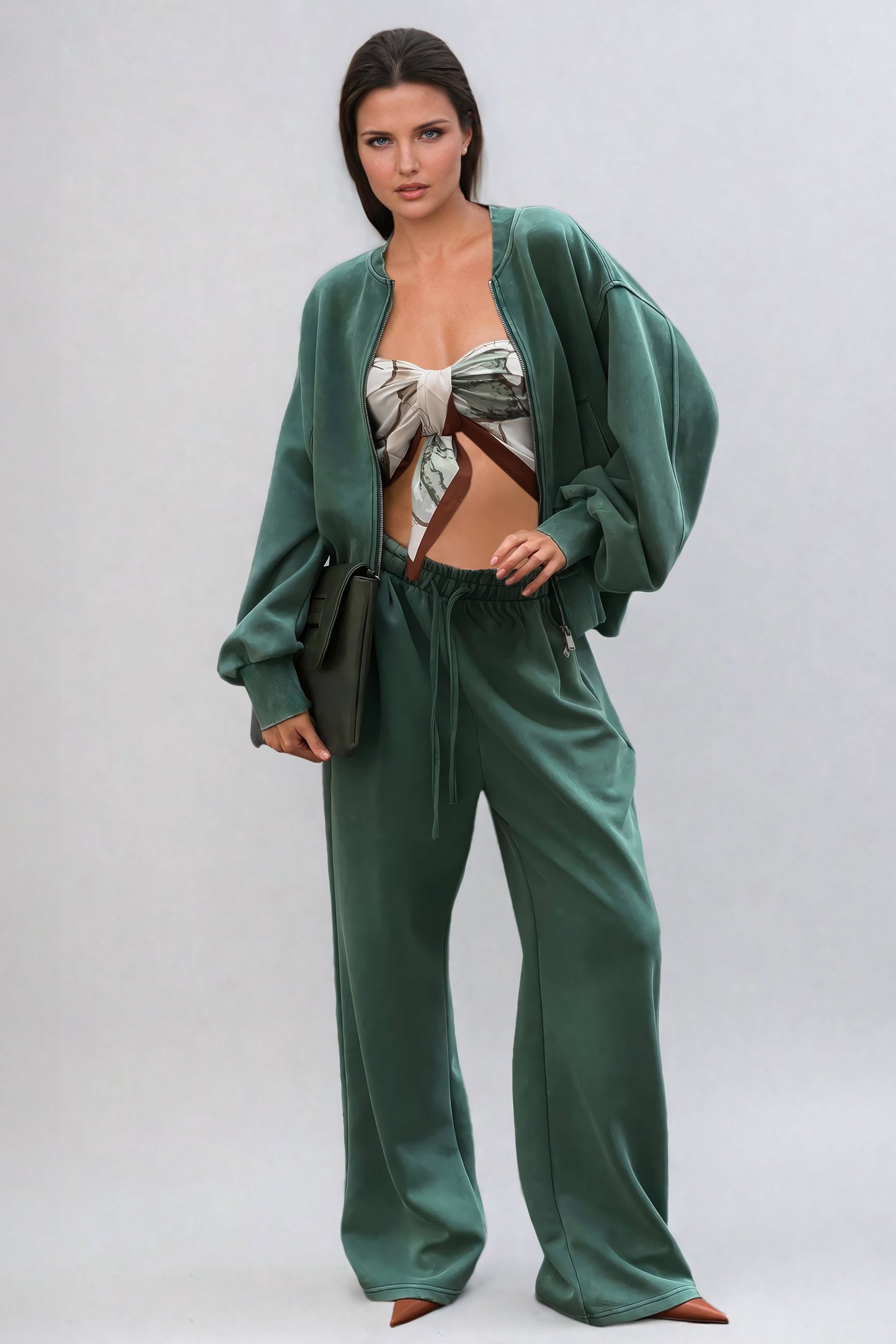 Two-Piece Set with Relaxed Bomber Jacket and Drawstring Wide-Leg Pants - Green