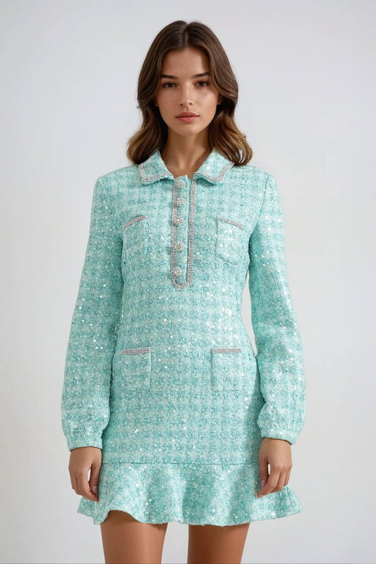 Long Sleeve Knitted Mini Dress with Ruffled Hem - Green