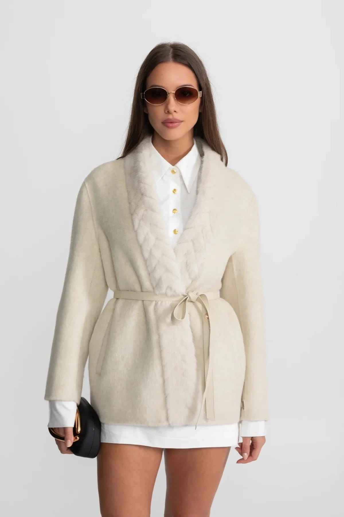 Short Coat with Fur Trim Lapel and Waist Tie - White