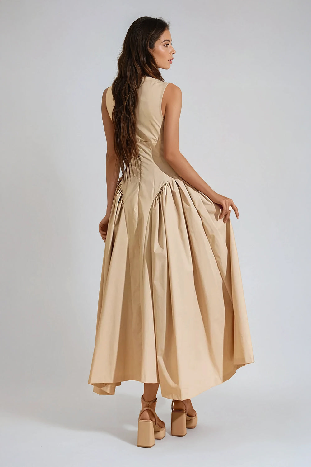 Sleeveless Ruched Maxi Dress - Brown
