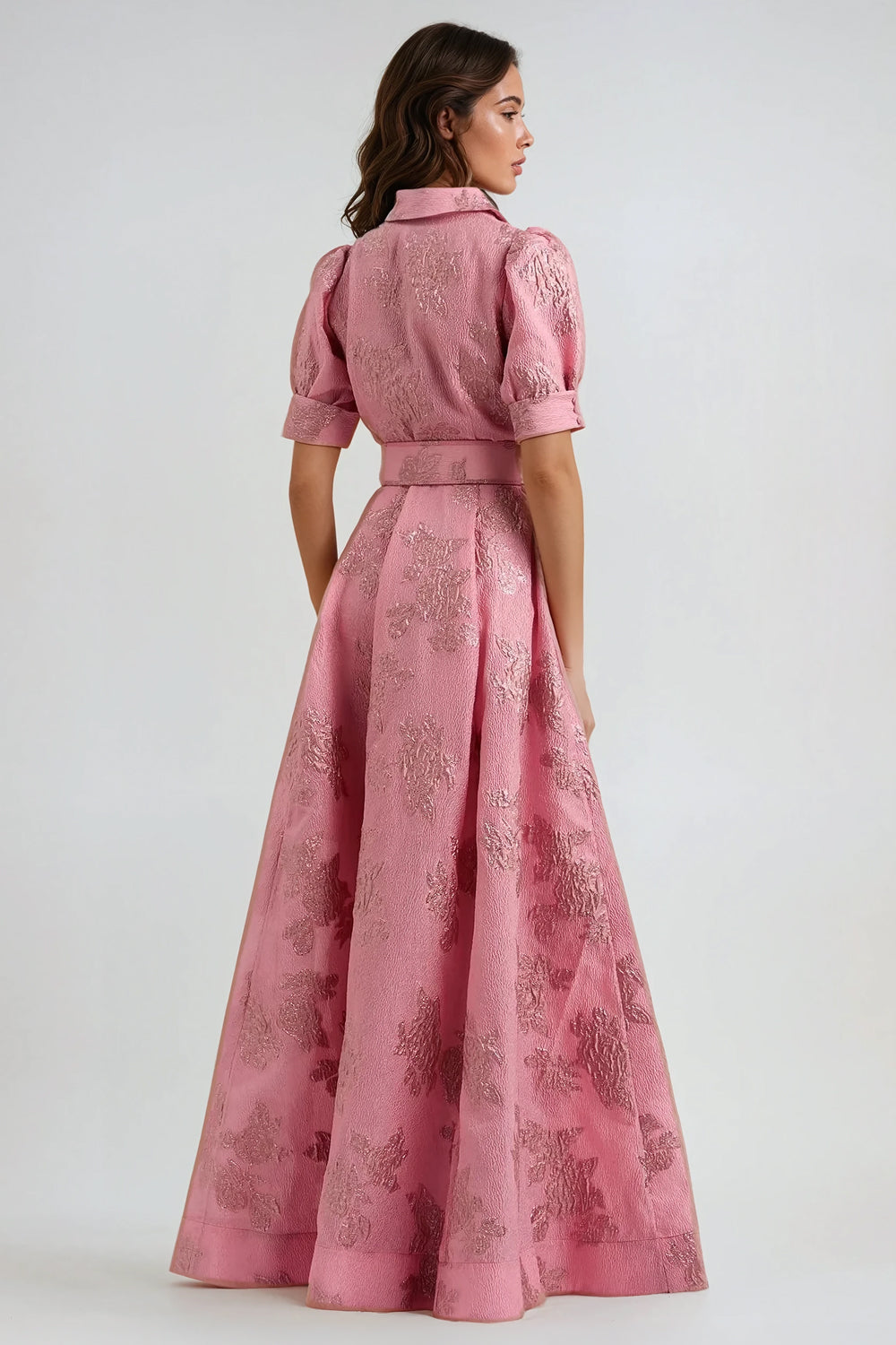 Short Puff Sleeve Belted Maxi Dress - Pink