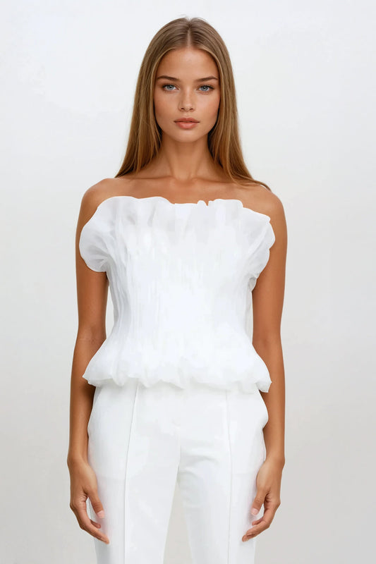 Strapless Pleated Top with Ruffled Details - White
