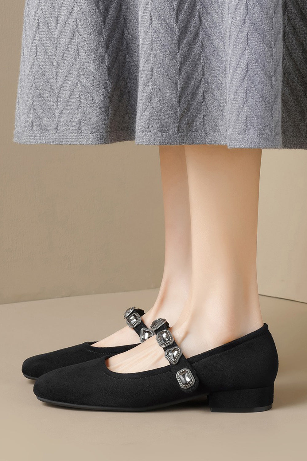 Square Toe Flats with Gem Strap Detail - Black