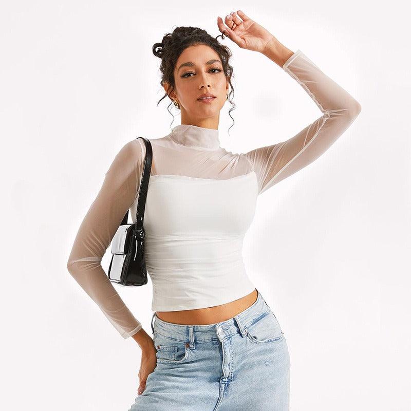 Long-Sleeve High Neck Mesh Top - White