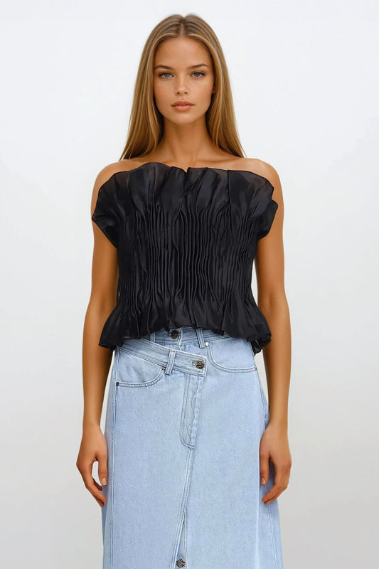 Strapless Pleated Top with Ruffled Details - Black