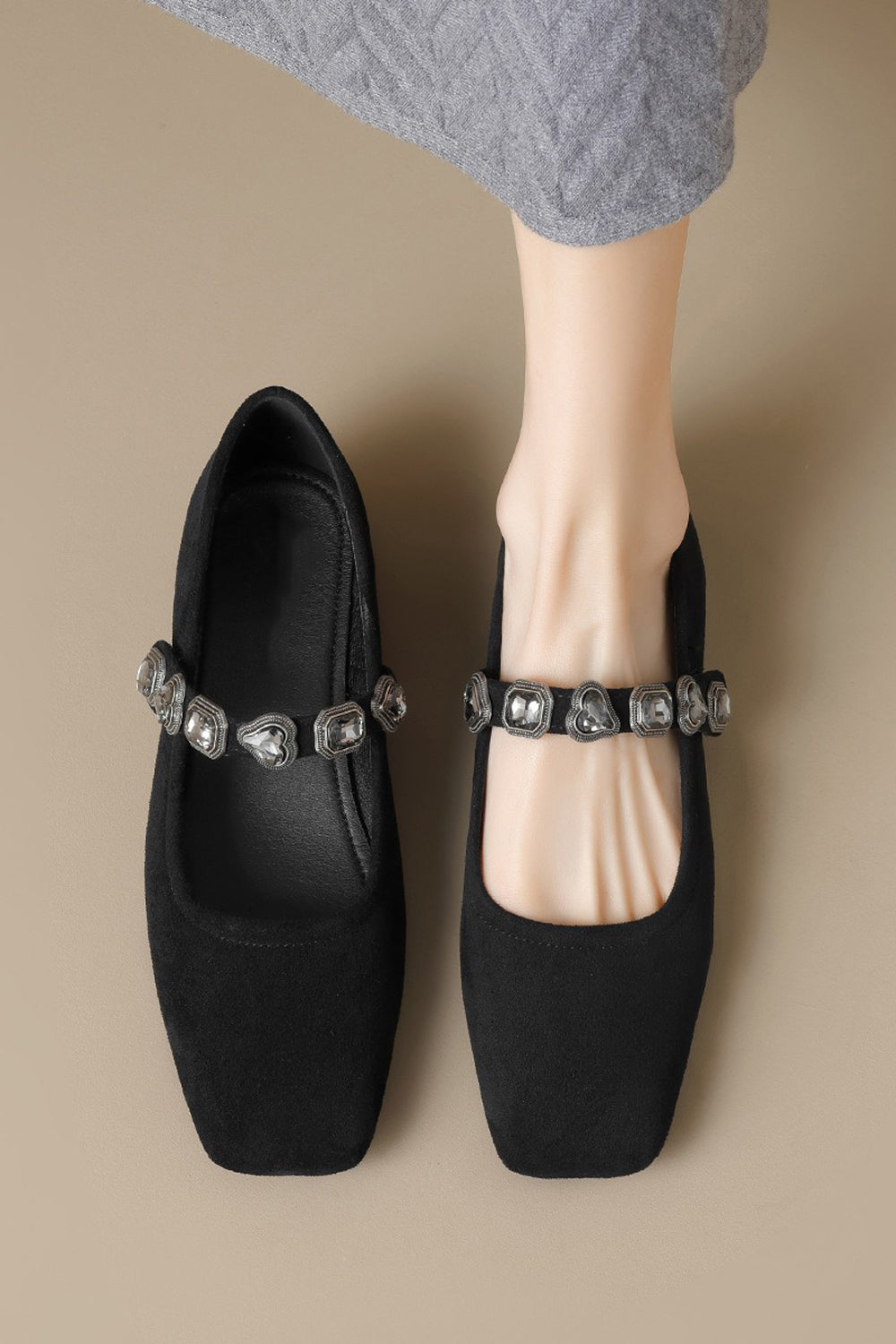 Square Toe Flats with Gem Strap Detail - Black