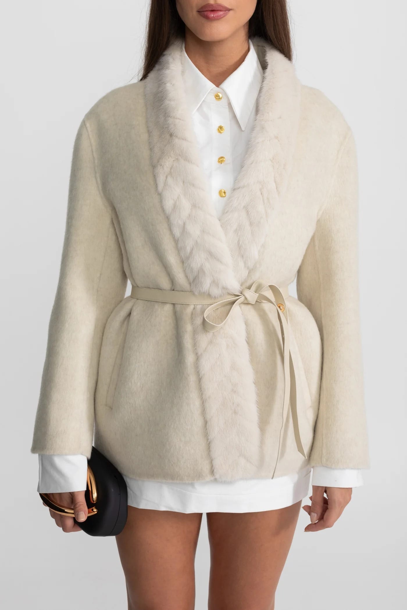 Short Coat with Fur Trim Lapel and Waist Tie - White
