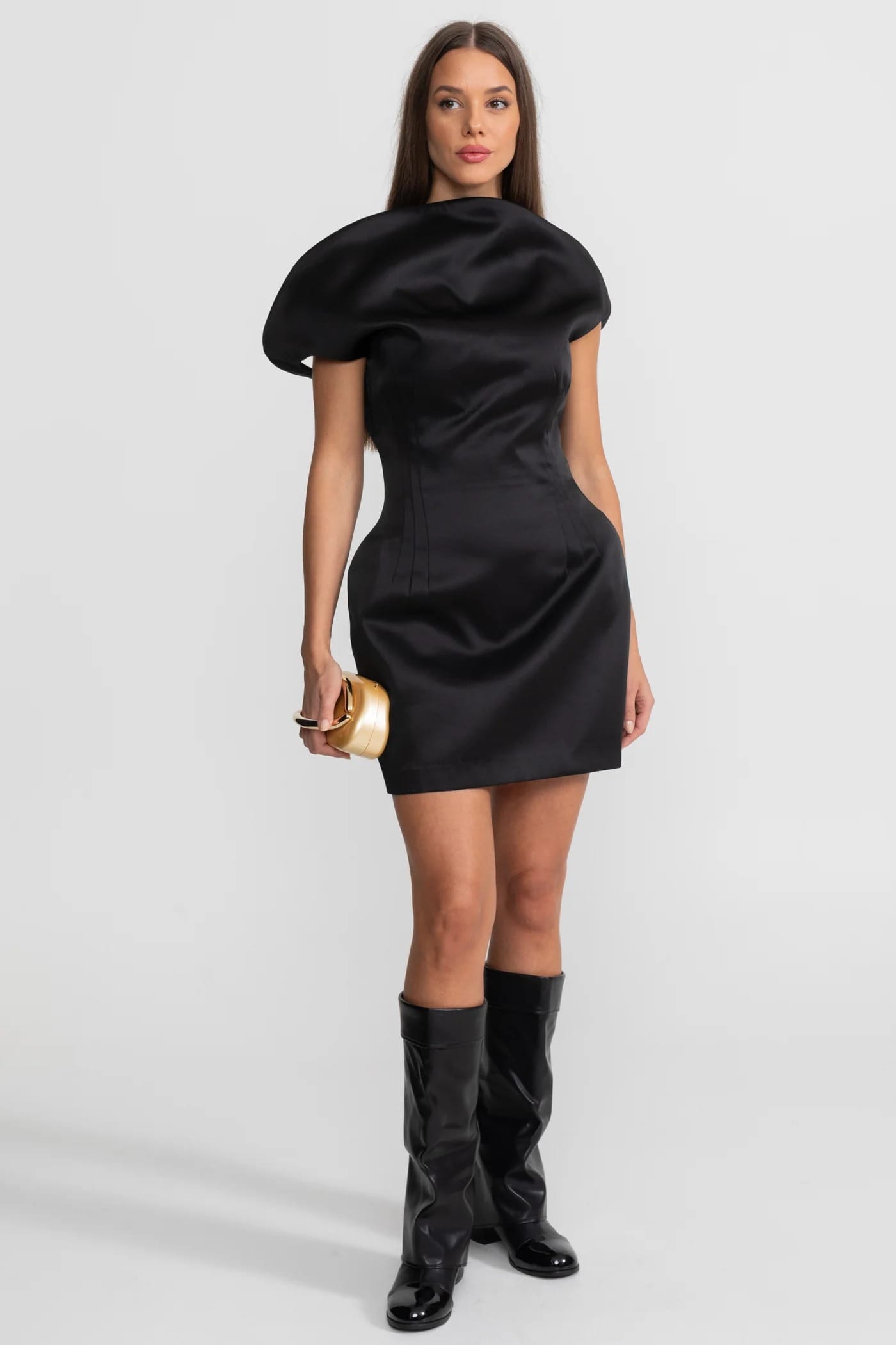 Structured Puff Sleeve Mini Dress - Black