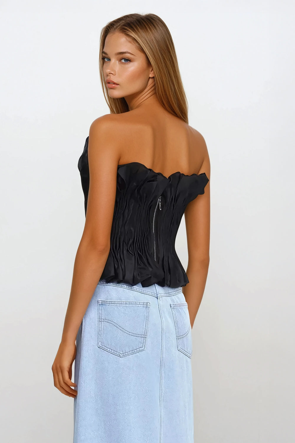 Strapless Pleated Top with Ruffled Details - Black