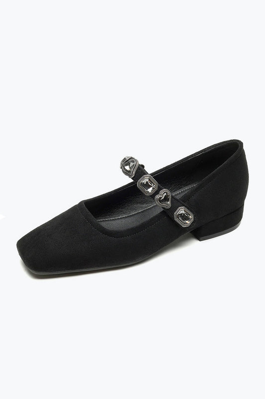 Square Toe Flats with Gem Strap Detail - Black