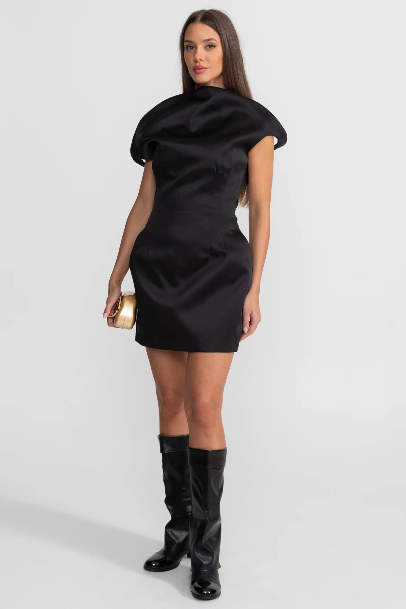 Structured Puff Sleeve Mini Dress - Black