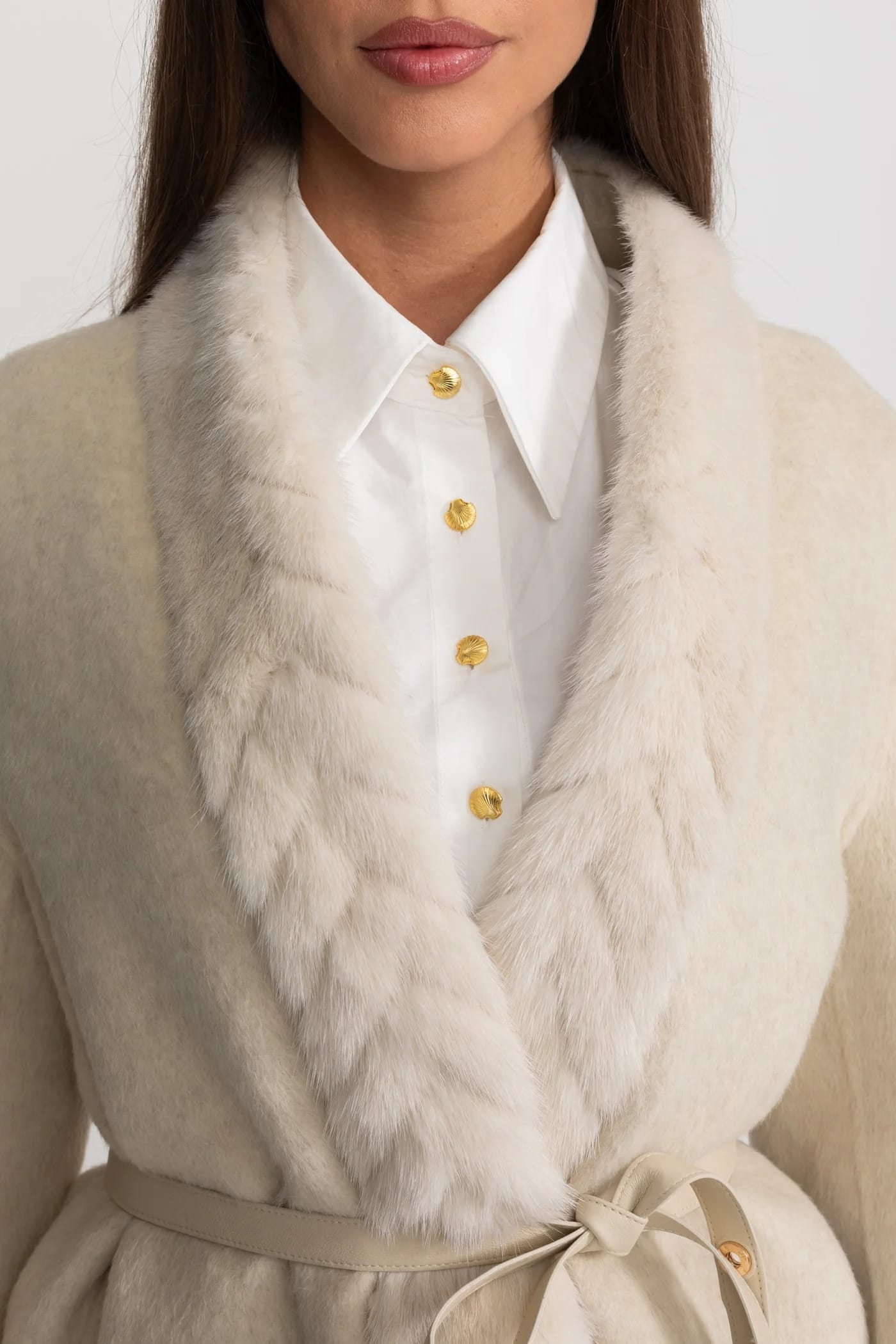 Short Coat with Fur Trim Lapel and Waist Tie - White
