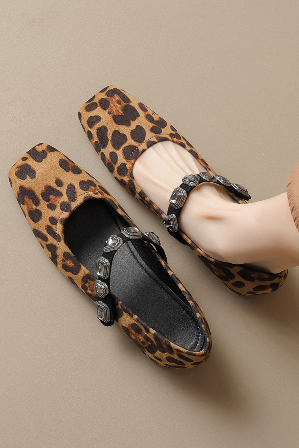 Square Toe Flats with Gem Strap Detail - Brown