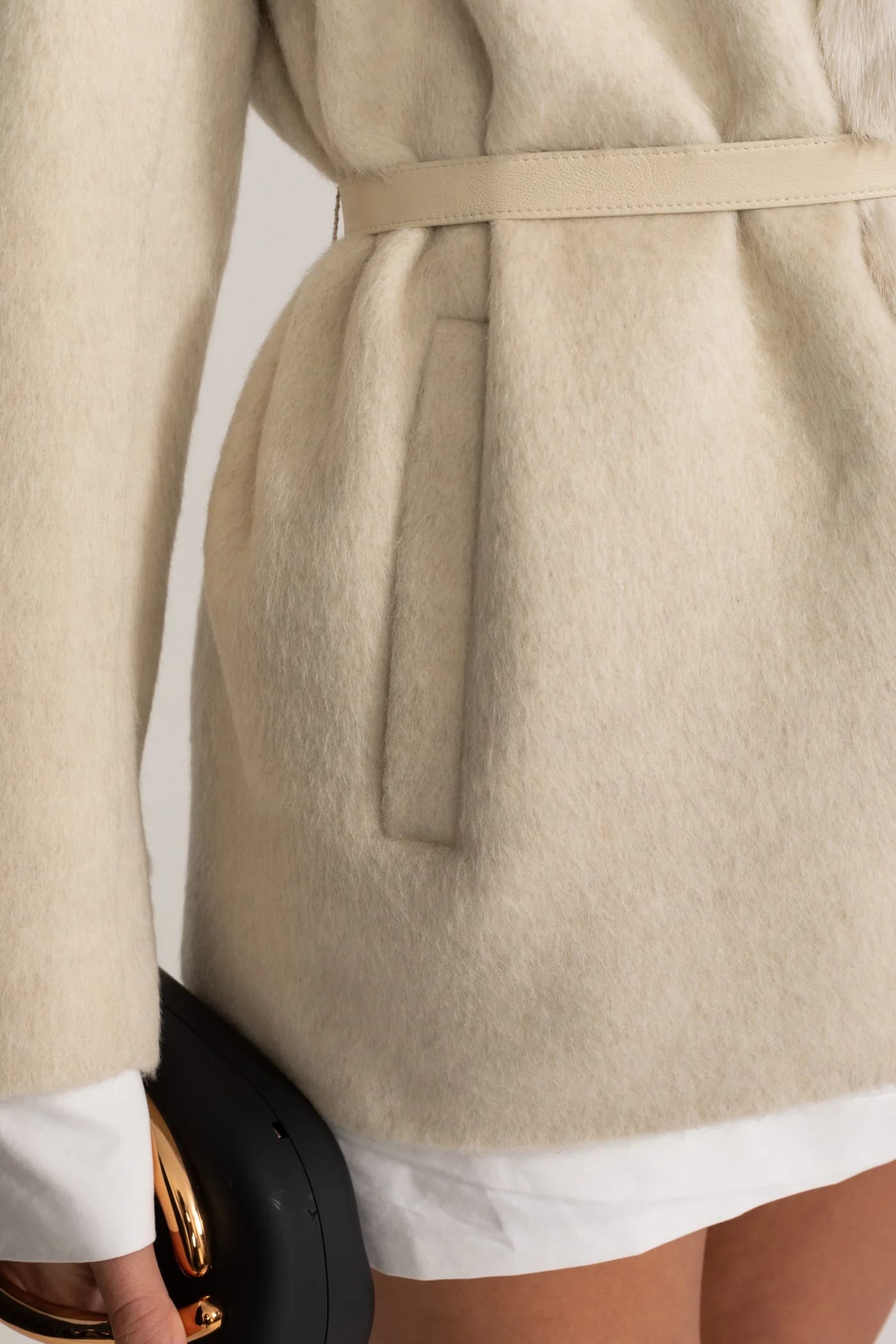 Short Coat with Fur Trim Lapel and Waist Tie - White