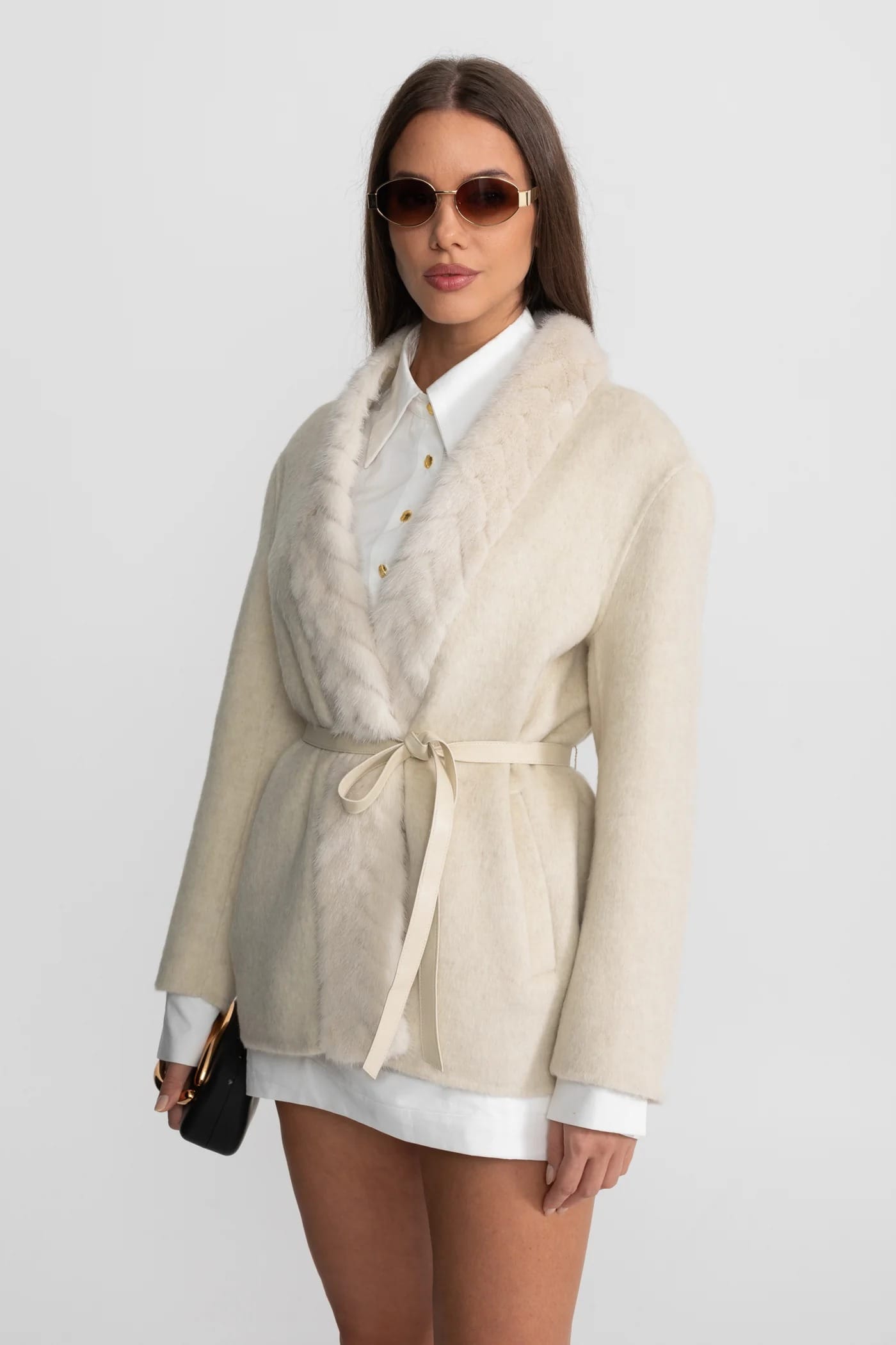 Short Coat with Fur Trim Lapel and Waist Tie - White