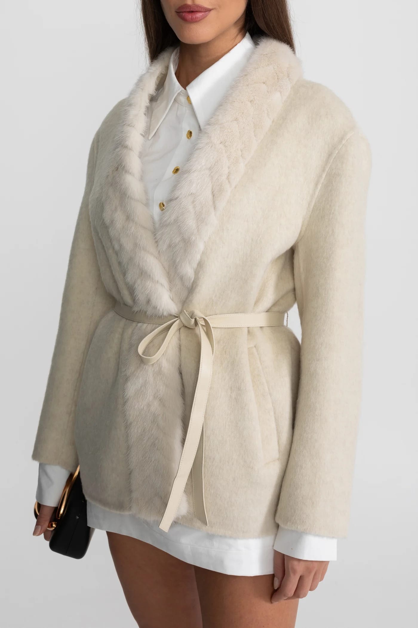 Short Coat with Fur Trim Lapel and Waist Tie - White