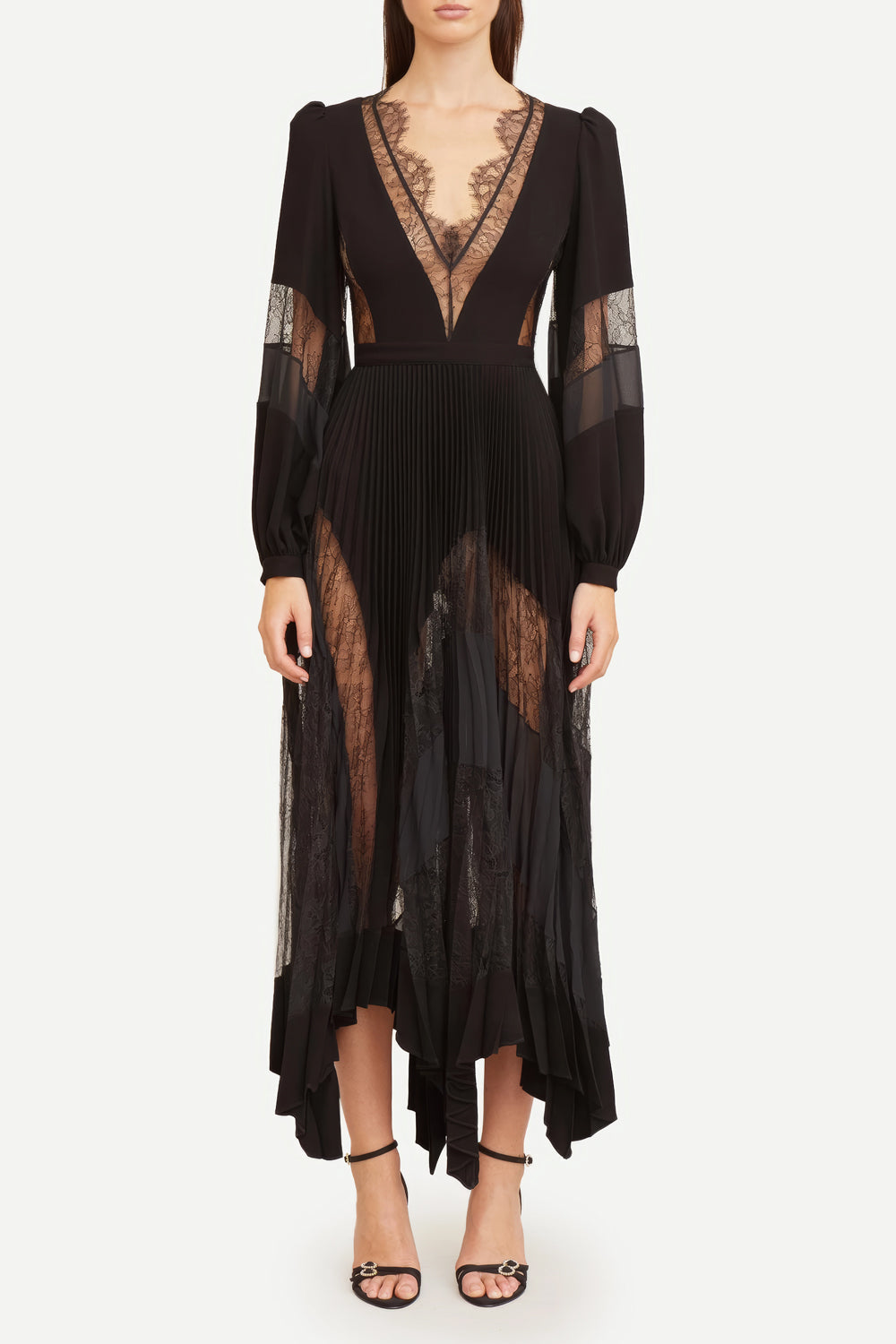 V-Neck Lace Detailed Midi Dress with Belt