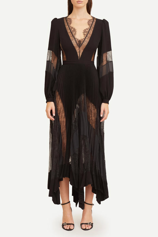 V-Neck Lace Detailed Midi Dress with Belt