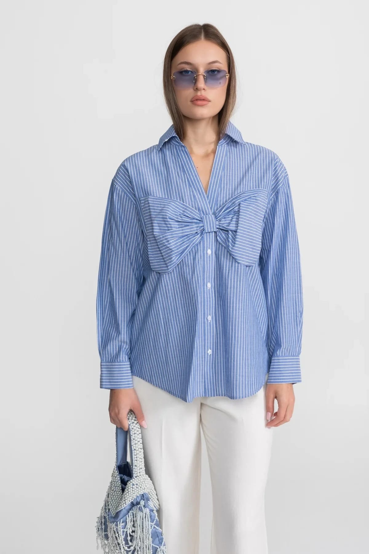 Striped Shirt with Oversized Bow - Blue