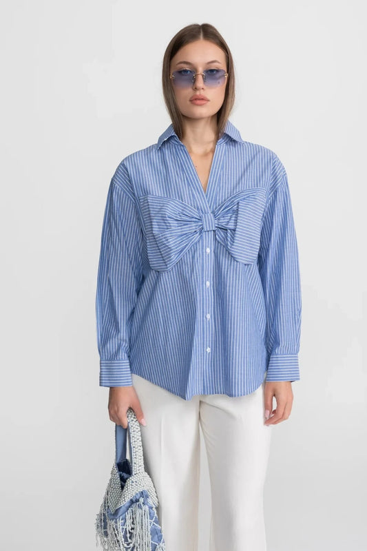 Striped Shirt with Oversized Bow - Blue