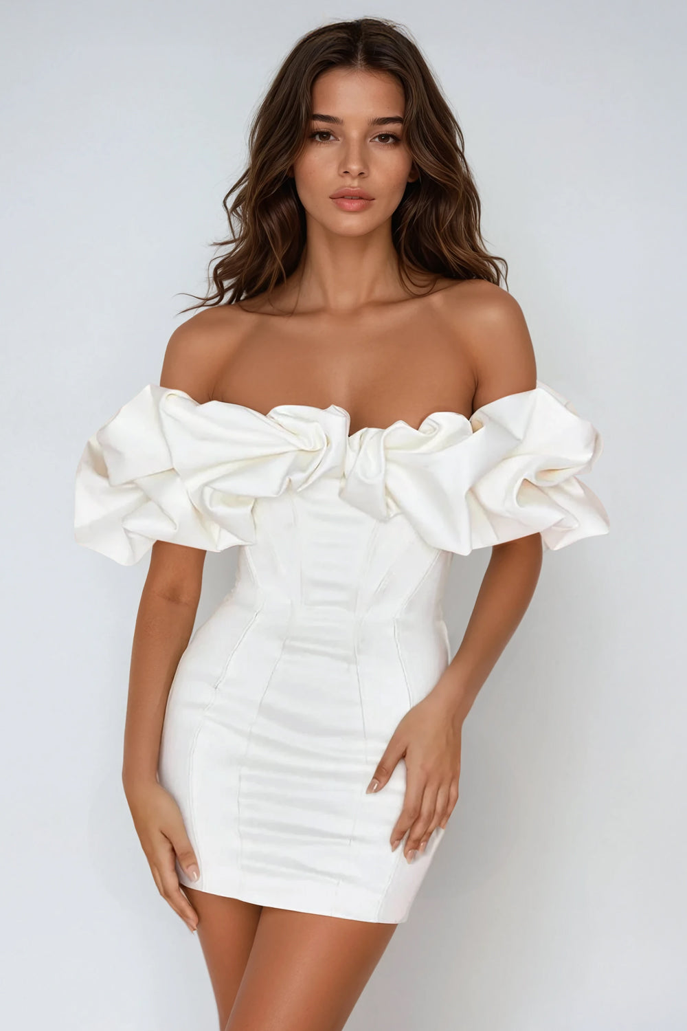 Off-Shoulder Puff Sleeve Mini Dress - White