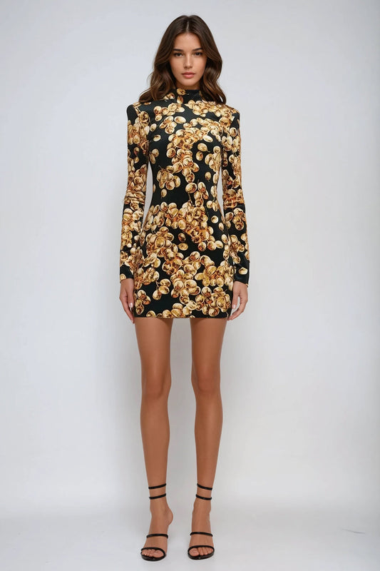 High Neck Printed Mini Dress - Yellow