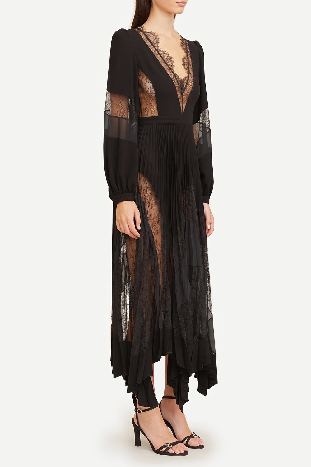 V-Neck Lace Detailed Midi Dress with Belt