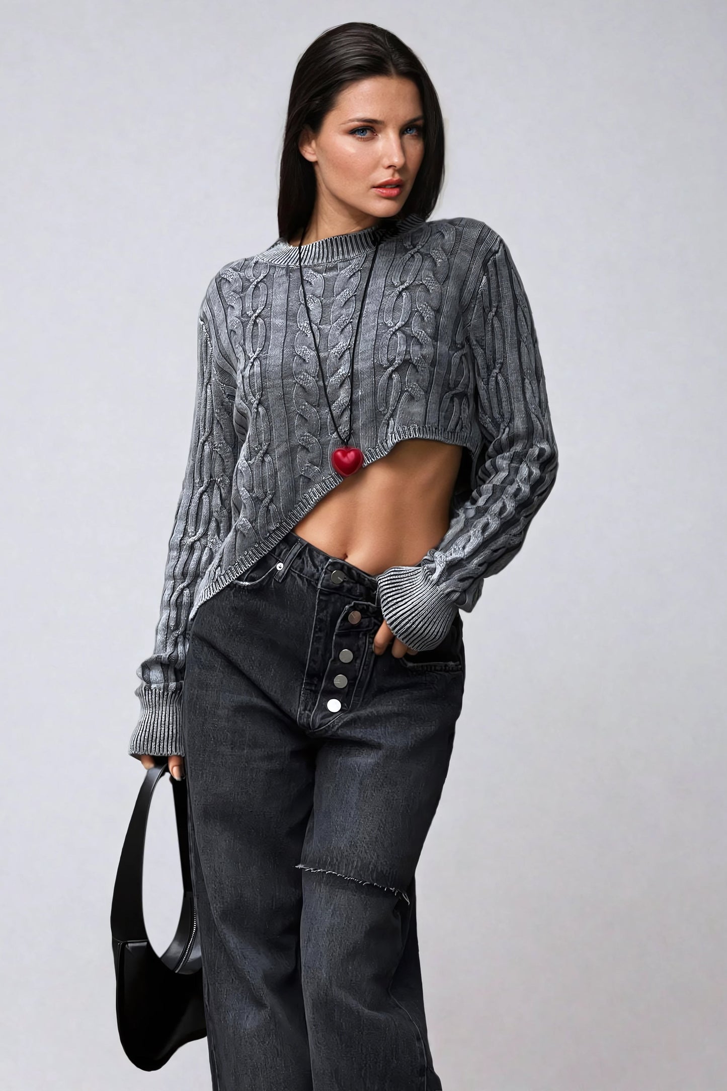 Cropped Cable-Knit Sweater with Asymmetrical Hem - Light Gray