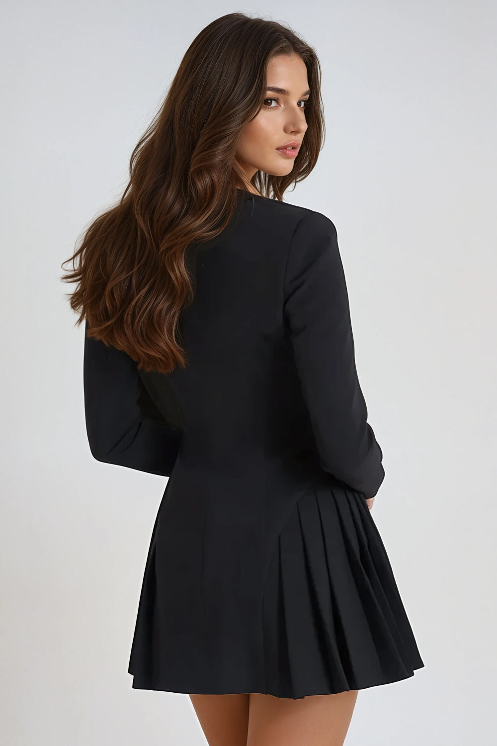 Long Sleeve Buttoned Mini Dress with Pleated Skirt - Black