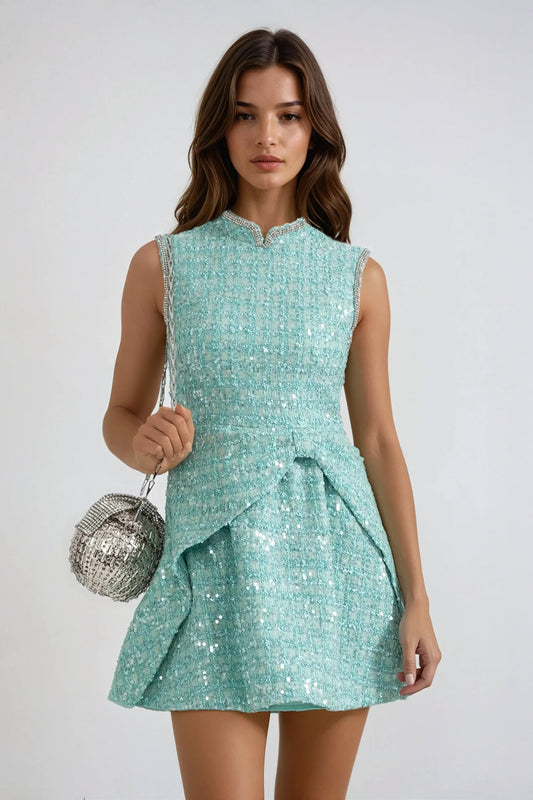 Mini Dress with Textured Fabric and Layered Skirt - Green