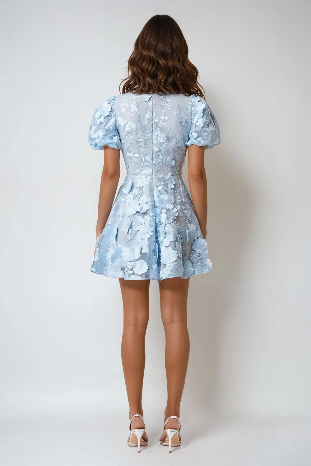 Floral Embroidered Puff Sleeve Mini Dress - Blue