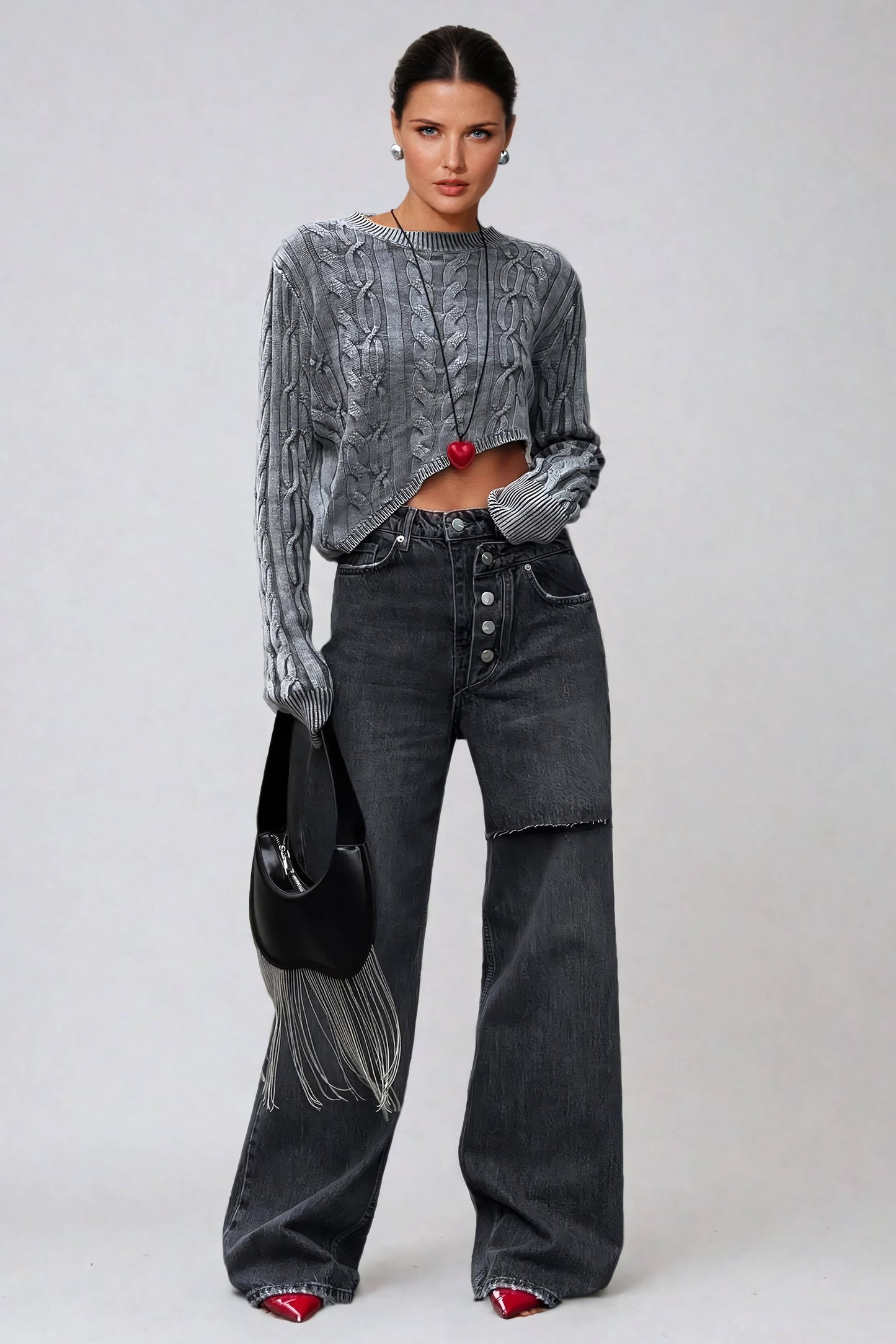 Cropped Cable-Knit Sweater with Asymmetrical Hem - Light Gray