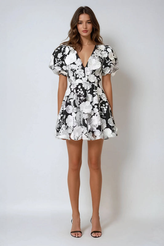 Floral Embroidered Puff Sleeve Mini Dress - Black