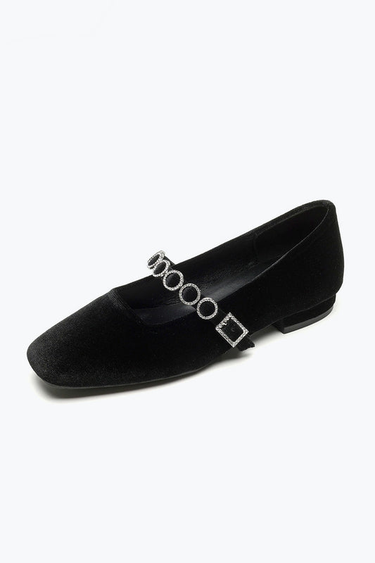 Flats Shoes with Circle Buckle Strap - Black