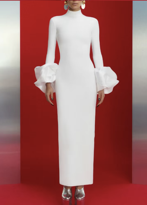 High Neck Maxi Dress with Ruffle Cuff Sleeves and Back Slit - White